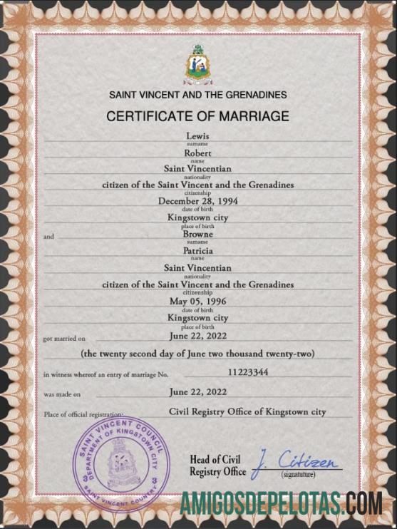 Certidão de Casamento de São Vicente e Granadinas exemplo